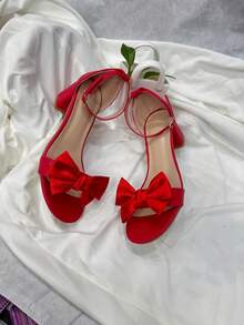 New Elegant High Heel Bowknot Sandals, Suitable For Teenage Girls&Young Girl, Thoughtful Gift For Romantic Party, Wedding, Daily Wear - Red - View 2