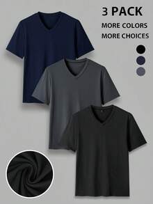 GRDR 3pcs/Set Men's Solid Color Casual Street V-Neck Short Sleeve T-Shirts - Multicolor - View 4