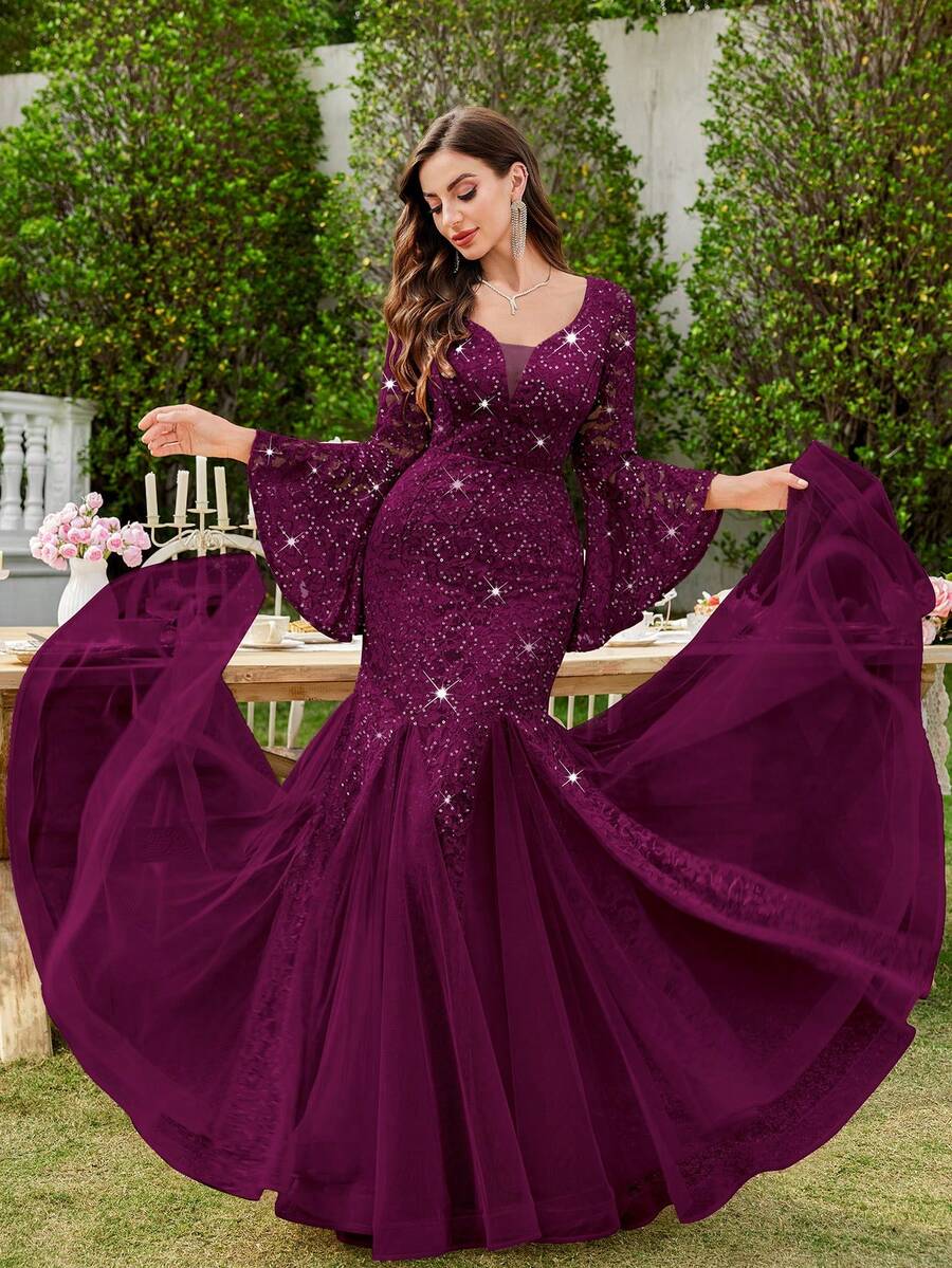 MIUSOL Robe de soirée longue sirène pour fête formelle, robe invitée de mariage, robe de soirée, avec encolure en V profond, dentelle florale, contraste de tulle et manches évasées à paillettes