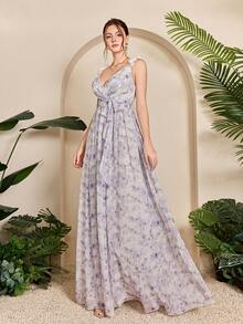 Mgiacy,New Arrival,V Neck,Tank,Printed,Elegant,Bridesmaid Dress,3D Floral,Ruffle,Chiffon,Long Dress - Mauve Purple - View 4