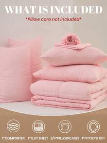 5/7pcs Comforter Set, Bedding, Solid Color Bedding Set, Cozy And Warm Bedding, Easy Care And Comfortable, Breathable Bed Set, Halloween Gift, For Twin, Full, King, Queen Bed Sizes, Suitable For Bedroom, Guest Room, Dormitory, All Seasons, Machine Washable - 粉色 - 查看 2