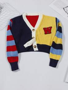 Spring Summer Street Colourblock Loose Women Seweaters V-Neck Striped Long Sleeve Letter W Button Women Cardligans Y2k For Women - 黃色 - 查看 2