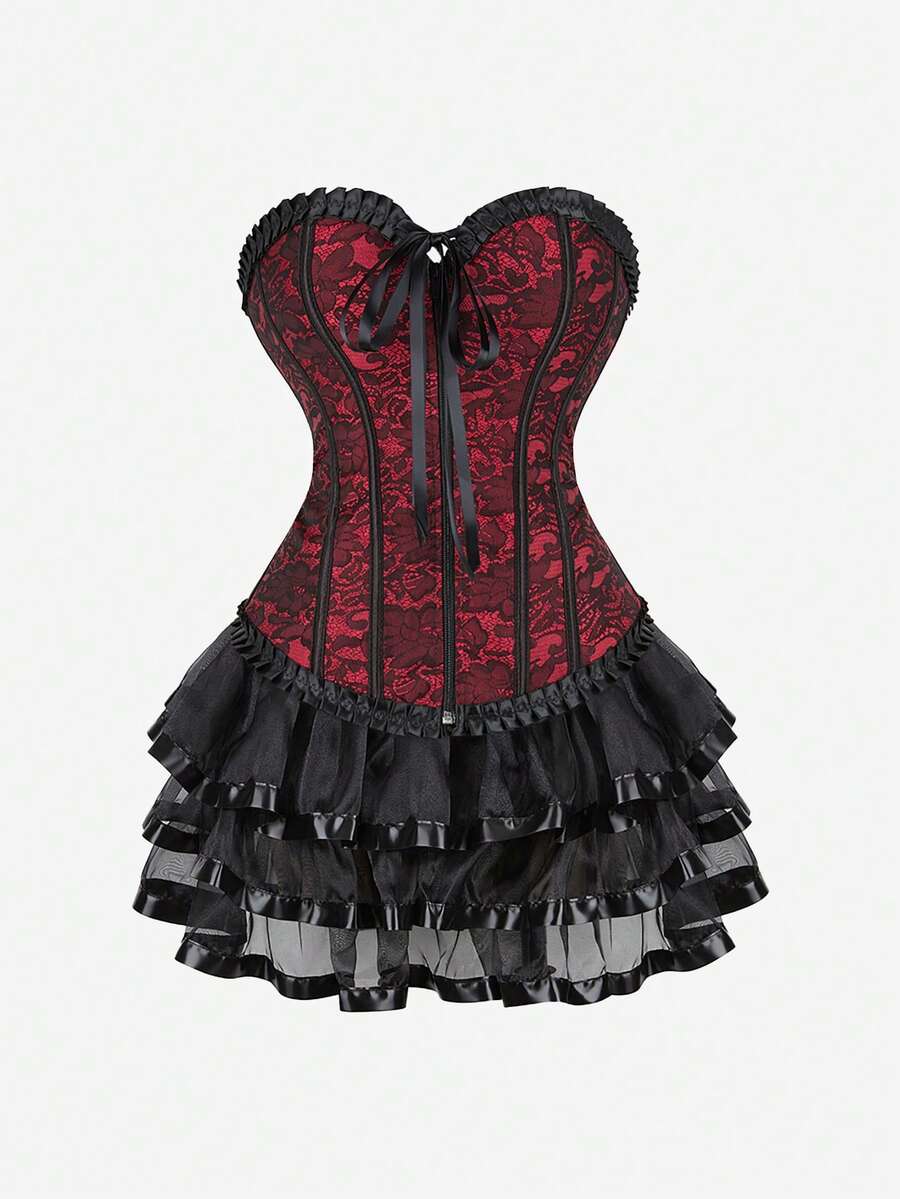 Corset Dress For Women Renaissance Corset With Multi Layer Lace Skirt  Strapless Corset And Skirt Set - Red - View 1