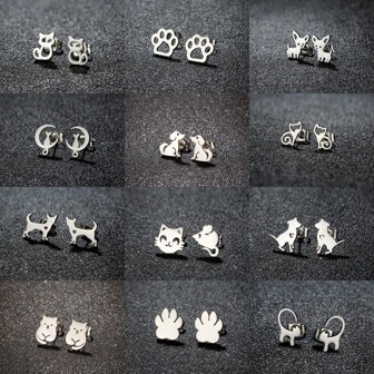 1Pair Of Cute Simple Pet Stud Earrings, Women's Stainless Steel Animal Stud Earrings, Mixed-Style Cat And Dog Jewelry, Daily Wear And Gifts