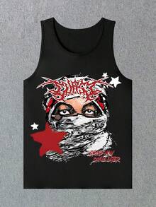 The Collision Of Street And Retro, Hip-Hop Classic Retro Fashion Street Leisure Y2K Big Head Portrait Popular Letter Pattern Printing Boutique 180g Pure Cotton Vest, 100% Pure Cotton Men's Summer High-Quality Printing Breathable, Loose, Soft And Comfortable Casual Black Vest, Suitable For Summer Outdoor Wear, Daily Wear And Friend Gifts, Back To School Gifts - màu đen - Xem 1