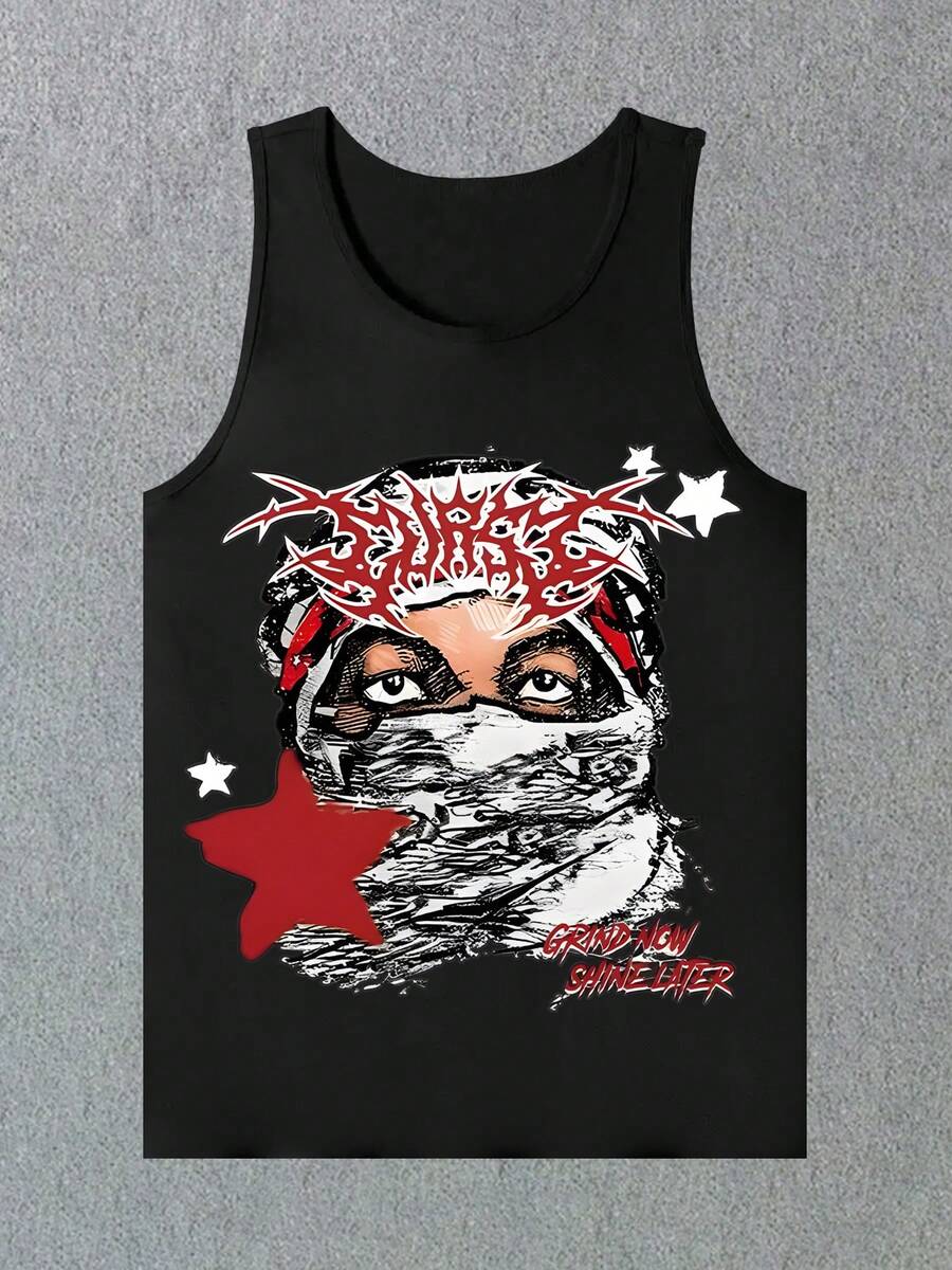 The Collision Of Street And Retro, Hip-Hop Classic Retro Fashion Street Leisure Y2K Big Head Portrait Popular Letter Pattern Printing Boutique 180g Pure Cotton Vest, 100% Pure Cotton Men's Summer High-Quality Printing Breathable, Loose, Soft And Comfortable Casual Black Vest, Suitable For Summer Outdoor Wear, Daily Wear And Friend Gifts, Back To School Gifts - màu đen - Xem 1