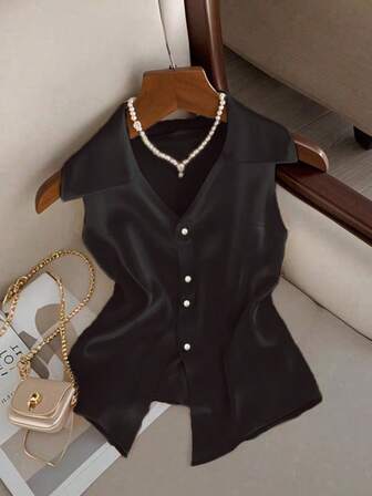 女士优雅V领香槟色无袖休闲上衣