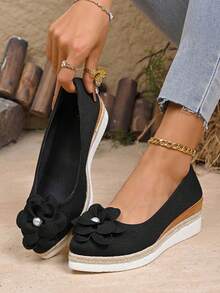 Fashionable Women's Solid Color Rope Sole Shoes With Bow Decor, Versatile Platform & Wedge Heels - Black - View 4