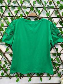 [New Spring/Summer Collection] Women's T-Shirt With Puff Sleeves And Openwork Embroidery – 100% Cotton, Various Colors - Green - View 1