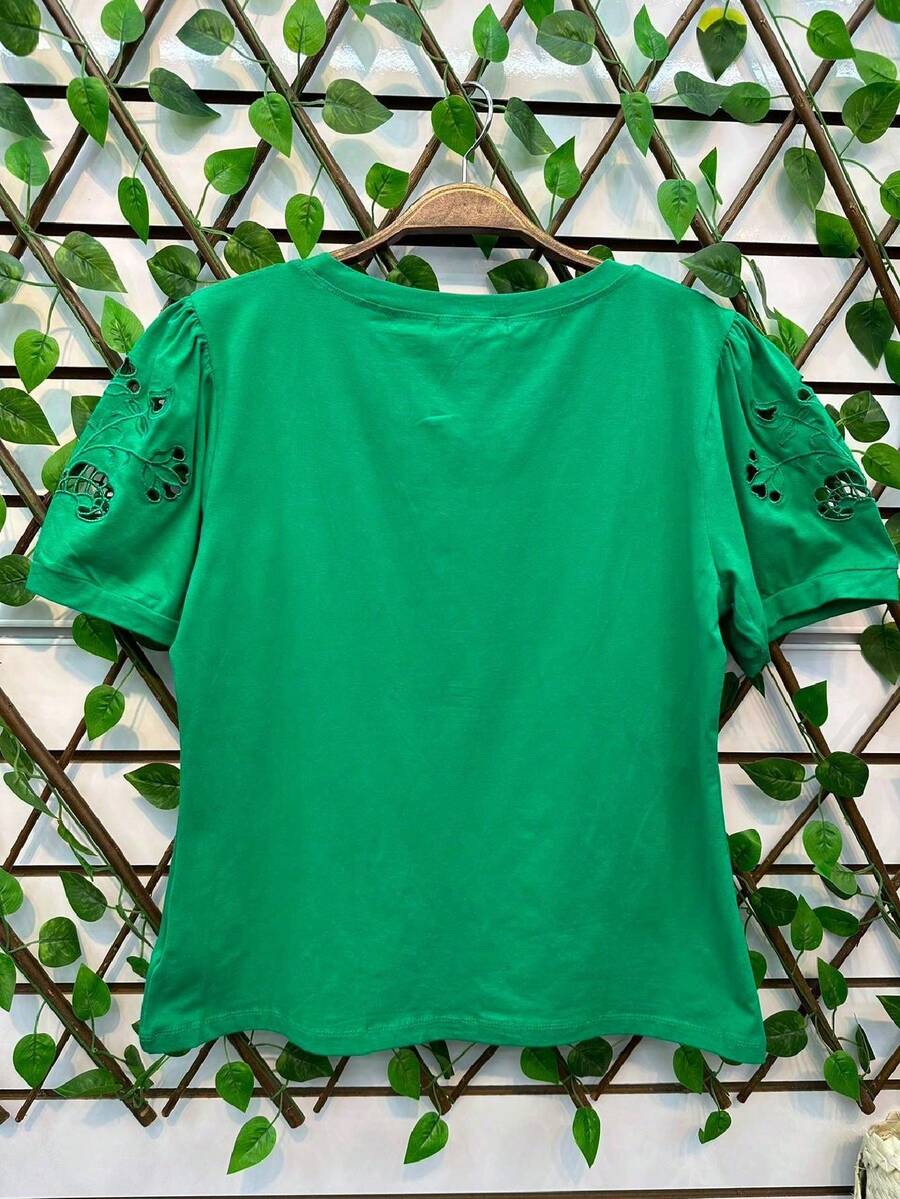 [New Spring/Summer Collection] Women's T-Shirt With Puff Sleeves And Openwork Embroidery – 100% Cotton, Various Colors - Green - View 1