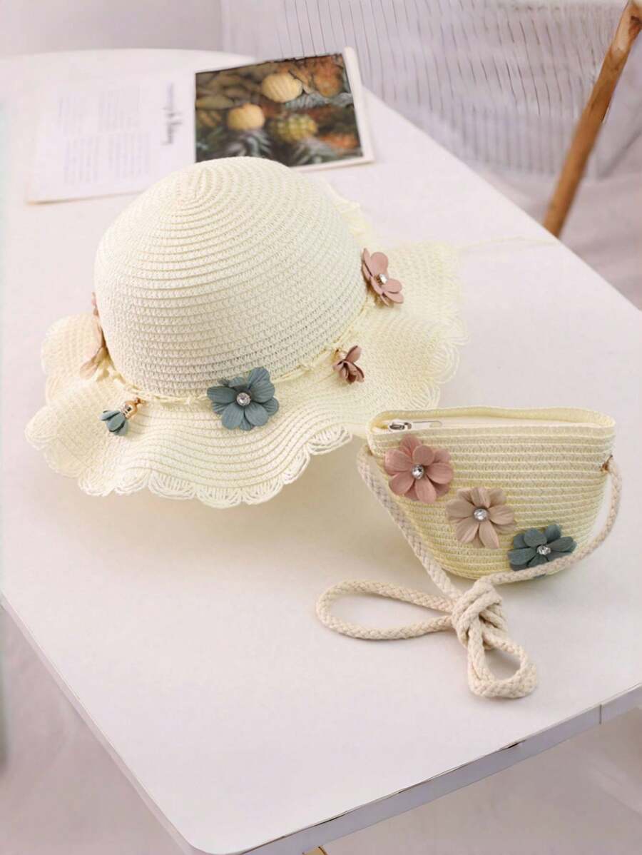 2pcs/Set Girls Summer Lace Trim Sun Hat And Flower Pendant Handbag Set, Suitable For Daily Use