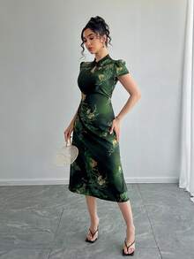 女士旗袍连衣裙，中式领，后拉链，系带腰部，花卉印花，中长款，中国风，民族风，短袖，夏季度假、聚会、节日连衣裙 - 綠色 - 查看 7