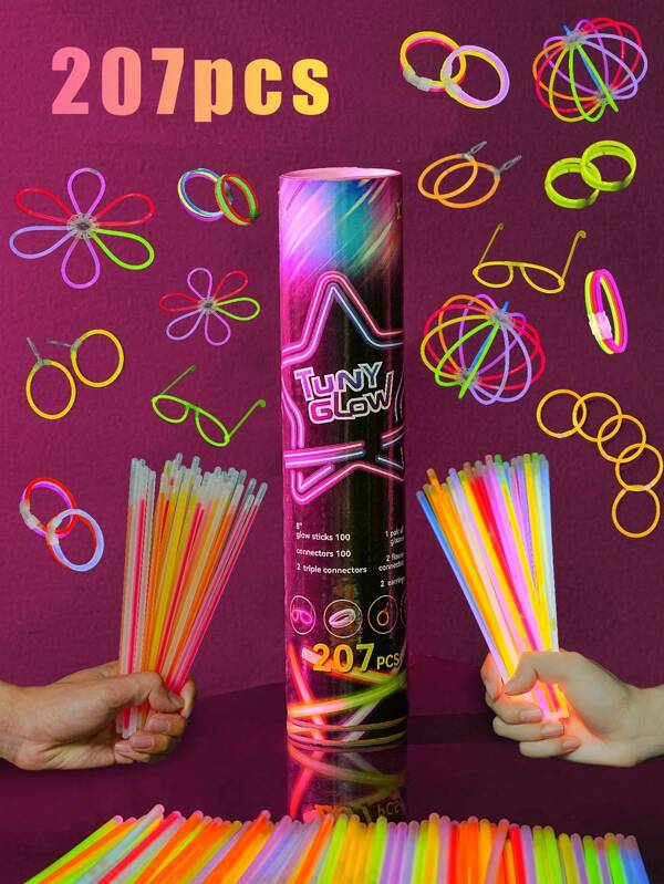 Juego de 207 barras luminosas de 8 pulgadas, barras luminosas súper brillantes de alta calidad que pueden brillar continuamente en la oscuridad durante 10 a 12 horas, se pueden DIY para hacer pulseras, gafas de fiesta, collares, pendientes, bolas, etc. Barras luminosas para bodas, adecuadas para fiestas, reuniones, bares, bodas, festivales, cumpleaños, discotecas, decoraciones de conciertos, regalos de cumpleaños, suministros para fiestas con iluminación, juguetes de fiesta.