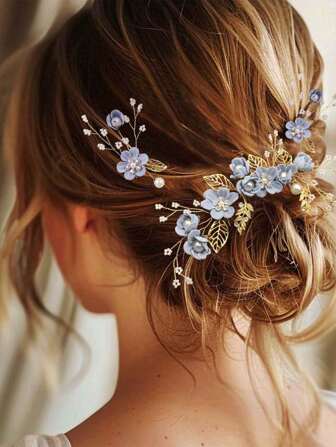 3pcs Bridal Wedding Hair Accessories: Blue Flower Hair Combs, Pearl Beaded Rhinestone Flocked Flower Hair Clips & Combs For Wedding Dress