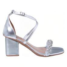 Women's Sandals High Heel Thick Casual Rhinestone Closed Back Braided Stones - Silver - View 4