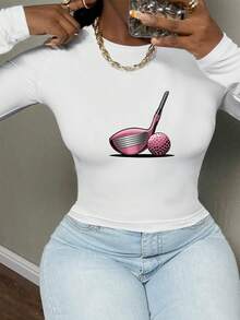 Stylish Pink Golf Club Women's Fashion Long Sleeve Shirt - White - View 1