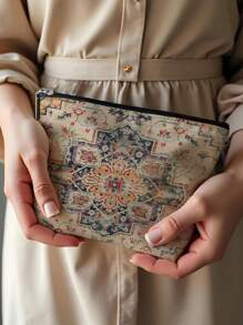 1pc Bohemian Style Linen Printed Cosmetic Bag, Cute Travel Makeup Case & Multipurpose Coin Purse, Lightweight Gift Essential For Women,For Holiday Beach, Bathroom Collection, Bedroom Collection, Large Capacity