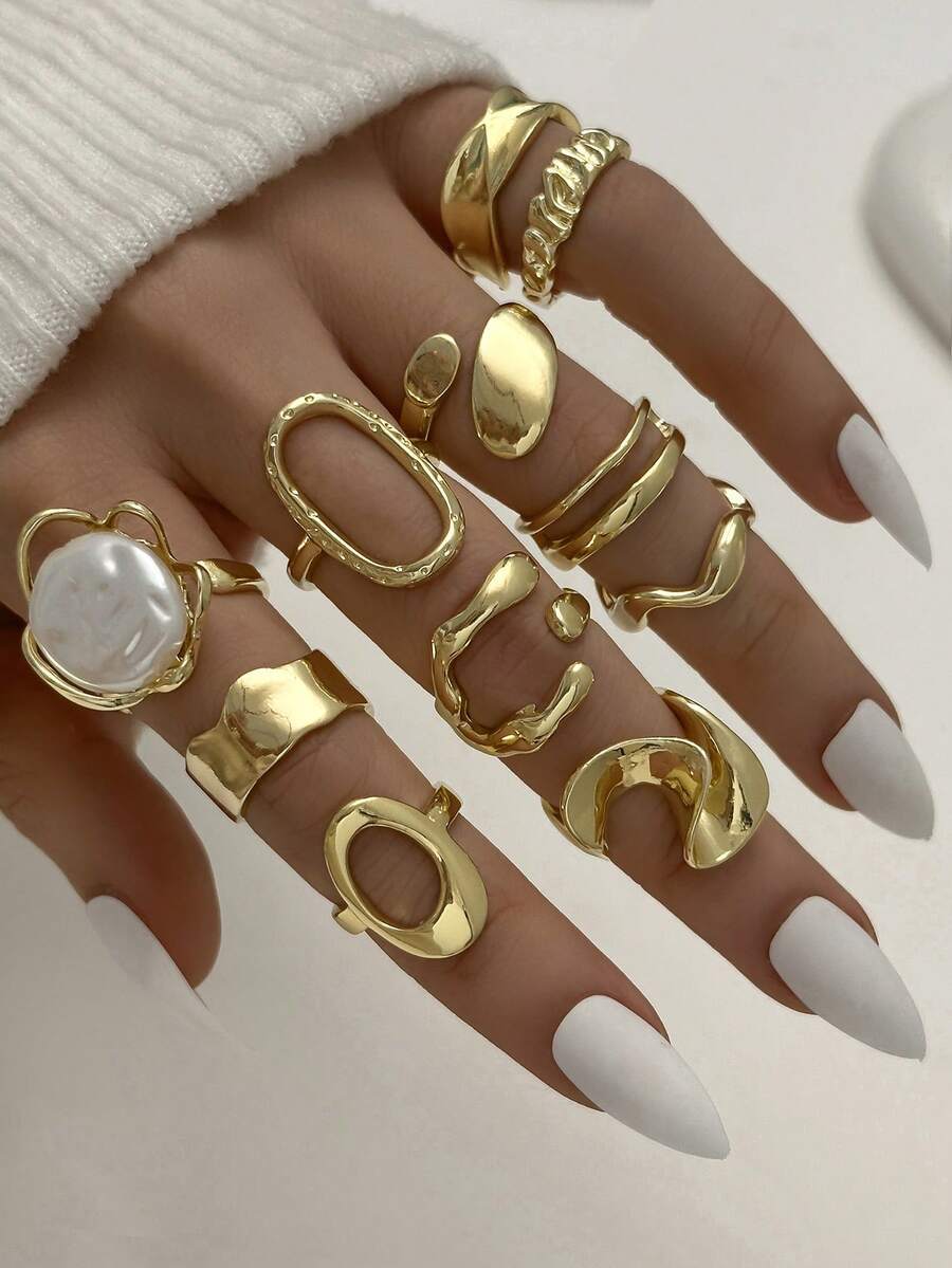 11pcs Ins Style Faux Pearl Rings Set, Gold Hollow Round Smooth Stackable Rings For Women - Gold - View 1