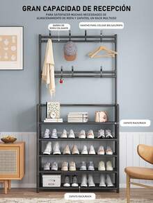 4/5 Tier Metal Frame Home Shoe Racks Furniture Box Organizer, Multi-Purpose Stackable Shoe Rack Shelf Shoe Boxes Portable 18 Pairs Drawers Clothes Furniture, Shoe Rack For Closet, Shoe Organizer With Hat, Coat Rack, Entryway Shelf For Large Storage Shoe Rack For Closet Shoe Organizer With Hat, Coat Rack, Entryway Shelf For Multifunctional Storage - Negro - 5 Capas - View 3