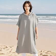 1pc Super Soft Microfiber Beach & Swimwear Hooded Robe Towel, Adult Solid Color Bathrobe, Quick Drying