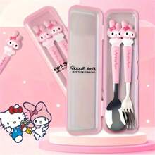Sanrio (Authorized) Sanrio 2 Pieces Cute Cartoon Stainless Steel Portable Tableware Set, Children's Tableware, Student Outdoor Travel Spoon And Fork 2 Pieces Set, Suitable For Various Scenarios And Suitable For Various Festival Gifts(The Cutlery Box Can Be Disassembled Or Non Disassembled And Randomly Distributed),School Supplies