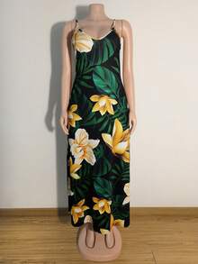 Plus Size Summer Vacation Floral & Botanical Print Dress, Sleeveless Elegant Party - Multicolor - View 3