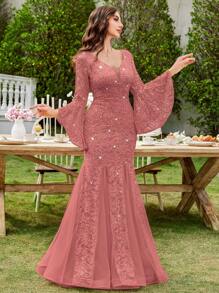 MIUSOL 深 V 领亮片花卉蕾丝撞色网眼喇叭袖美人鱼正式派对礼服婚礼宾客礼服晚礼服