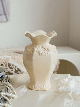 1个复古风格浮雕陶瓷花瓶，圆形玫瑰花图案，桌面花盆，客厅卧室办公室户外婚礼餐桌中心装饰花瓶，家居装饰，母亲节礼物