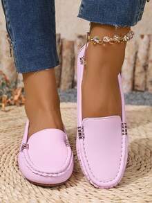 Nouvelles chaussures plates en tricot rose pour femmes, sandales plates élégantes grande taille pour l'été, chaussures de marche respirantes et confortables de toute saison en couleur unie, mocassins à bout rond polyvalents et décontractés de haute qualité et légers pour l'extérieur/le travail, chaussures de travail avec décoration métallique, chaussures Glissant pour femmes, chaussures de campus à large coupe, chaussures grande largeur pour femmes, chaussures habillées pour femmes, tenues décontractées chics, chaussures pour mères - Rose bonbon - Voir 4