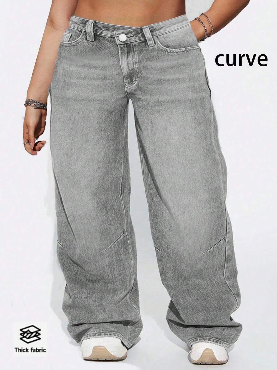 Cross-Border European And American Street Fashion Four Seasons Retro Fashion Simple Casual Loose Irregular Waist Mid-Waist Waist Elastic Plus Size Women's Denim Straight Pants - Màu Xám nhạt - Xem 1