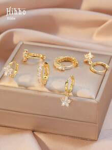 Hihho 6 件/套时尚简约闪亮全方晶锆石花朵吊坠耳环套装，奢华珠宝适合日常佩戴，节日派对礼物 - 金黃色 - 查看 3