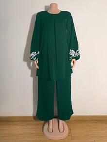 Women's Plant Pattern Long Sleeve Shirt And Pants Arabic Style 2 Pieces Set,Modest - Dark Green - View 5