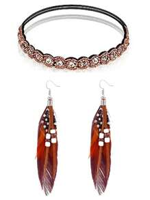 4PCS Vintage 60's Hippie Handmade Beaded Headband + Brown Glasses + Tassel Feather Earrings + Feather Necklace Holiday Party 4-Piece Costume Set, Boho Style Women's Cosplay Costume Accessories Masquerade Dress Set Small Gift. Halloween