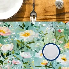 1pc/5pcs/7pcs Floral Art Print Polyester Table Runner With 6pcs Placemats - Polyester, Rectangle, Holiday Table Decor Cloth Runners, Home Decoration, Kitchen Dining Table Decor, Room Decor, Table Runners