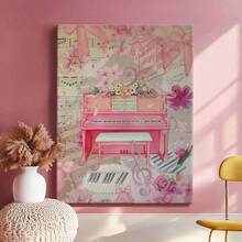 Pink Coquette Piano Collage Poster, Digital Wall Art, Preppy Music Room Decor, Gift For Pianist, Piano Studio Print, Dorm Room Apartment Art Framed Wall Art, Wrapped Canvas Poster Vintage Prints - Framed, Vertical - Framed Canvas - View 2