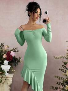 abyoxi Solid Color Sexy Off Shoulder Long Sleeve Ruched Ruffle Asymmetric Hem Bodycon Dress, Casual, Simple, Elegant, Fantasy, Party, Autumn And Winter New Women's Clothing