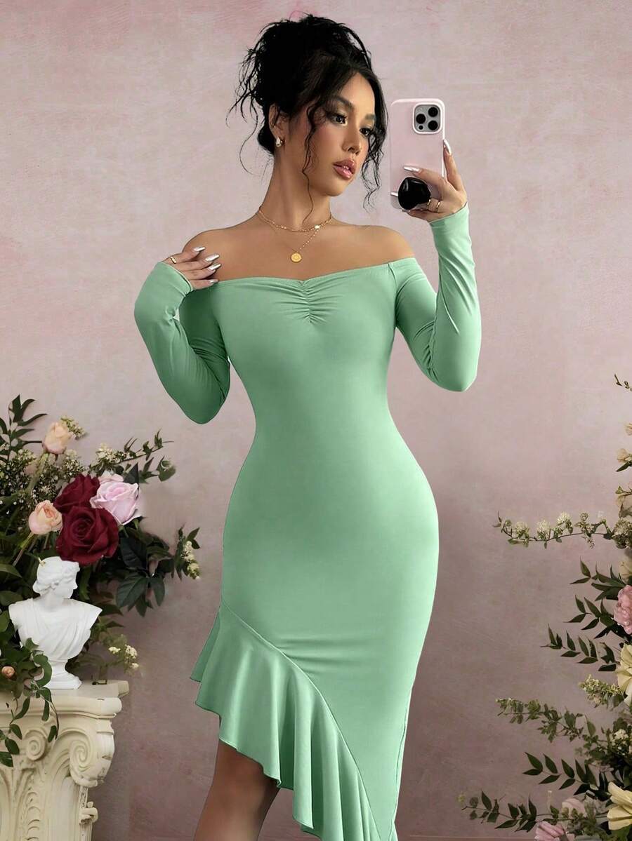 abyoxi Solid Color Sexy Off Shoulder Long Sleeve Ruched Ruffle Asymmetric Hem Bodycon Dress, Casual, Simple, Elegant, Fantasy, Party, Autumn And Winter New Women's Clothing