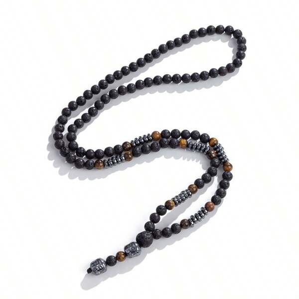 1pc Vintage Black Volcanic Rock Natural Tiger's Eye Buddha Head Necklace, Everyday Wear For Men
