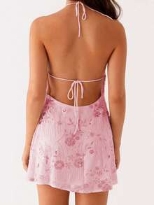 Women's Summer Halter Dress Shiny Sequin Bead Floral Backless Slim Fit Mini Dress - 粉色 - 查看 3