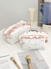 1 Piece Pink Quilted Plaid Cosmetic Bag With Cute Cherry Pattern, Girly Heart Design, Multifunctional Cosmetic Storage Pouch Portable Cosmetic Brush Clutch Bag With Zipper Closure, Ready Lipstick, Brush, Skincare Products, Storage Box, Jewelry Storage Box