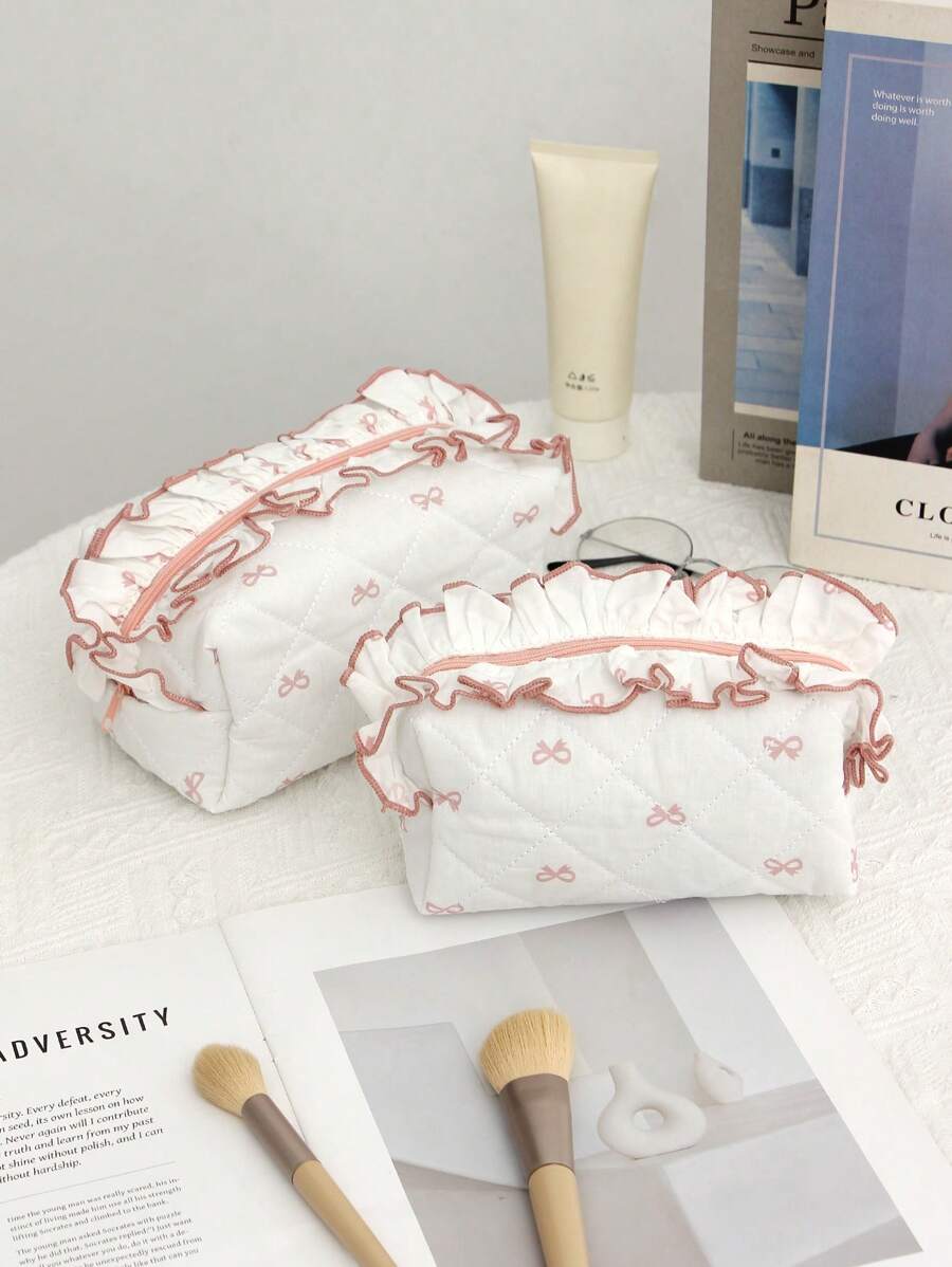1 Piece Pink Quilted Plaid Cosmetic Bag With Cute Cherry Pattern, Girly Heart Design, Multifunctional Cosmetic Storage Pouch Portable Cosmetic Brush Clutch Bag With Zipper Closure, Ready Lipstick, Brush, Skincare Products, Storage Box, Jewelry Storage Box