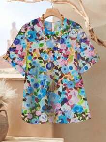 Floral Print Full Body Allover Print Polyester Women's Slit Shirt