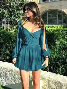 New Fashion V-Neck Solid Color Elegant Pleated Dress For Women Spring Party - Teal Blue - View 5