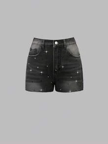New Spring And Summer American Street Style Young Bold Fashion Rhinestone Ladies Denim Shorts - Dark Grey - View 1