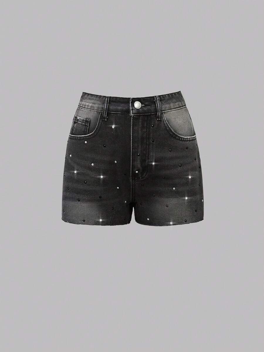 New Spring And Summer American Street Style Young Bold Fashion Rhinestone Ladies Denim Shorts - Dark Grey - View 1