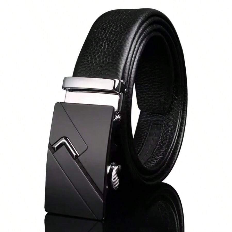 男士棘轮真皮正装腰带，黑色，适合西装、牛仔裤，美式设计时尚短环腰带，适合所有场合、正式服装、裤子 - 黑色 - 查看 1