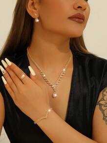 1 Set personalisierter, modischer, einfacher Schmuck aus Kupfermaterial mit blanken Strass-Steinen, 5 Stücke/Set - 1 Halskette, 1 Ring, 1 Armband, 1 Paar Ohrringe