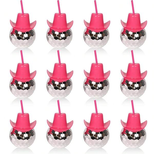 Disco Ball Cup, Pink Cowboy Hat Cup With Straw, Glitter Ball Cup, Disco Ball Plastic Cup With Straw, Cowboy Western Party Supplies Cup, Reusable Party Cup