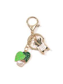 1pc Women's Fashionable Alloy Green Plant & Cat Decor Versatile Keychain - Multicolor - View 6