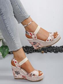 2024 New European Women Platform Wedge Sandals, Outdoor Versatile One-Strap Slides, Sexy Floral Print Beach Casual Slippers, Comfortable Open Toe Shoes, Green Floral Elevated Petite Shoes